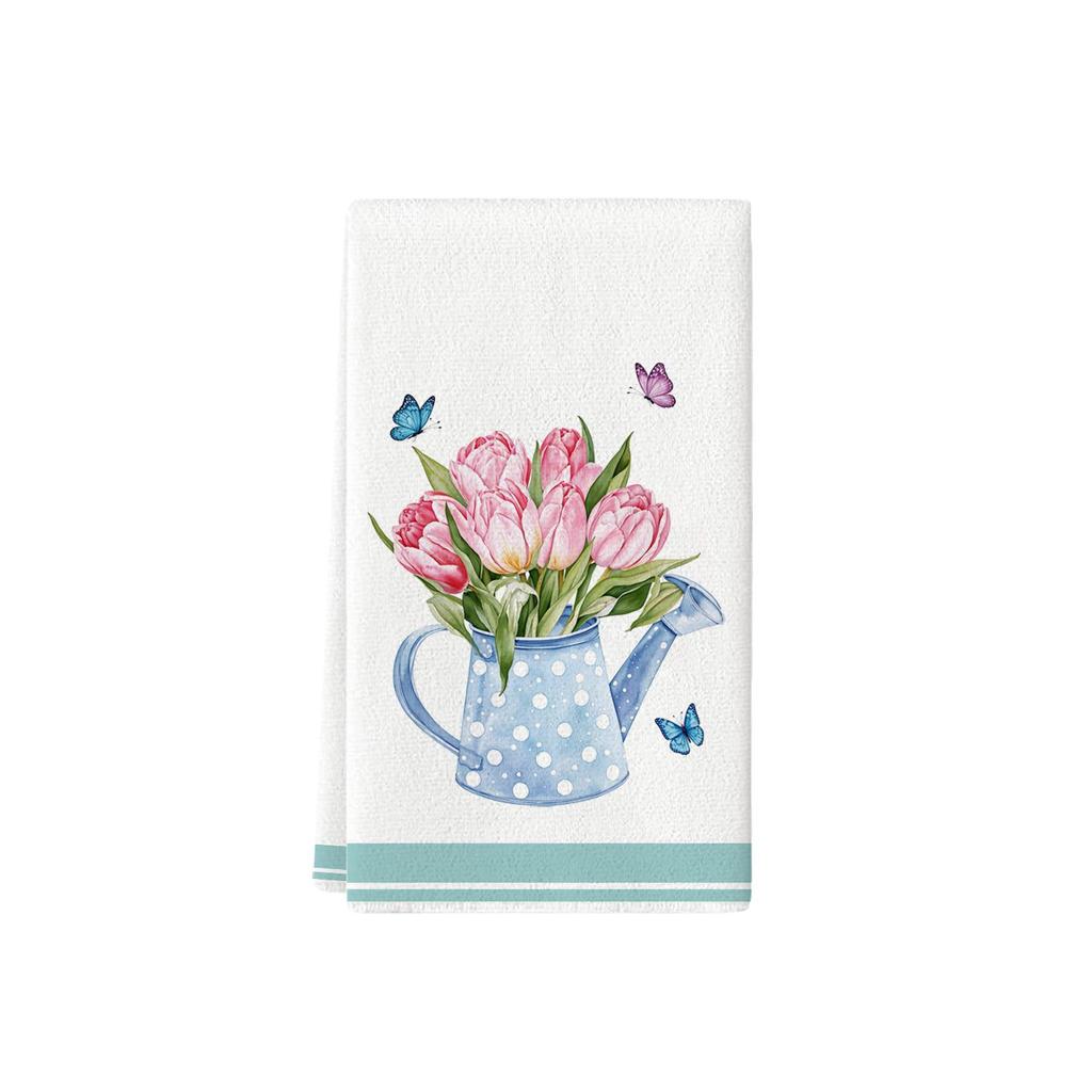 Easter Kitchen Towels with Watercolor Flowers, Rabbits, Eggs, and Tulips