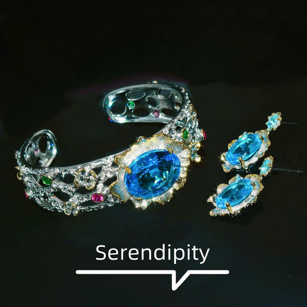 Italian Craft Retro Lace Blue Diamond Necklace Set, Simulated Aquamarine Ring, Stud Earrings, Bracelet, Pendant For Women