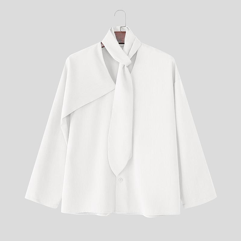 INCERUN Oversized Men Tie Up Neck Long Sleeve Solid Casual Loose Shirts