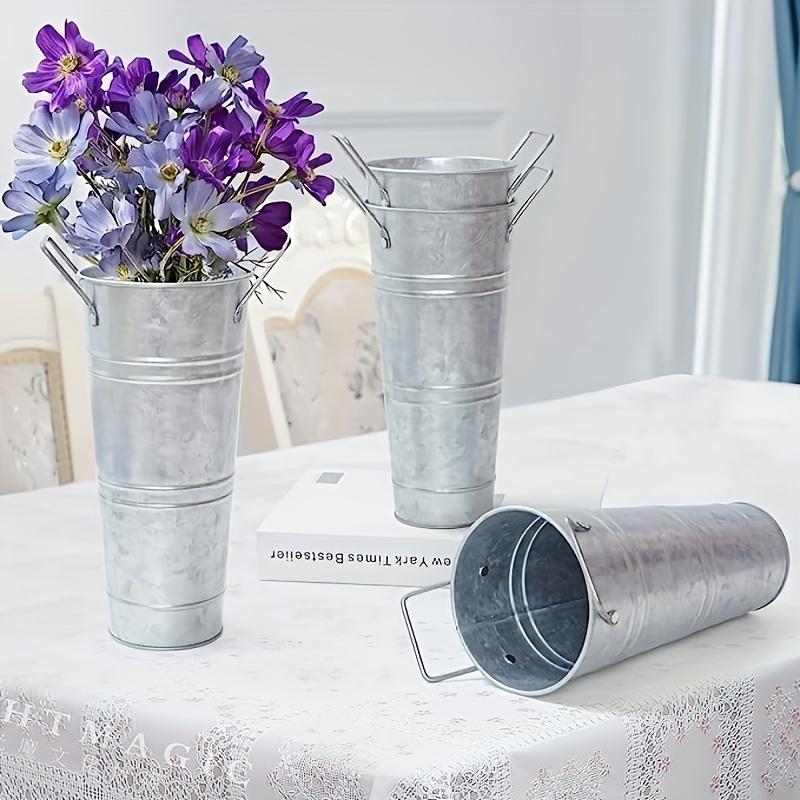 Four-piece Galvanized Metal Barrel Vase, 9inch Farmhouse French Flower Bucket Planter with Handle, Rustic Decor Metal Holder Family Marriage