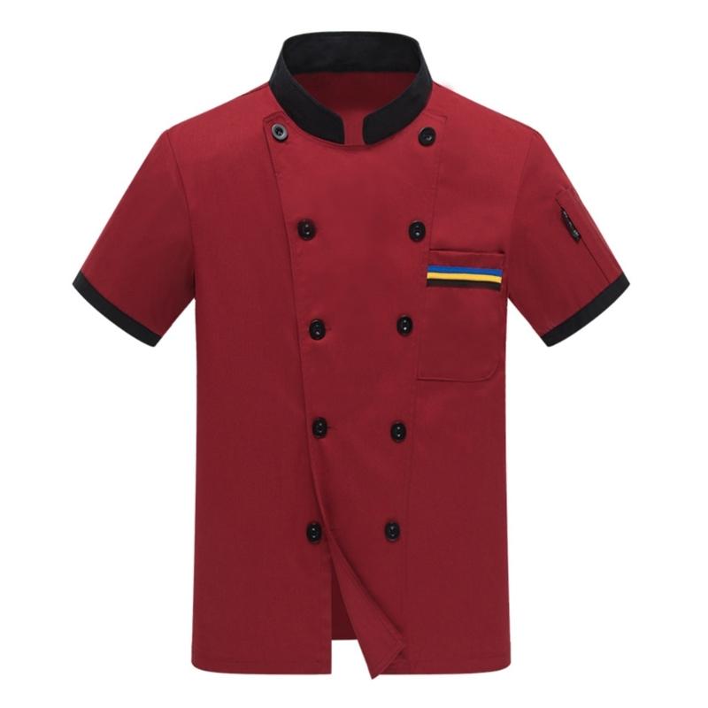 Double Breasted Chefs Coat Breathable Chefs Jacket Color Stitching Chefs Uniform Hotel Restaurant Work Shirt Clothes