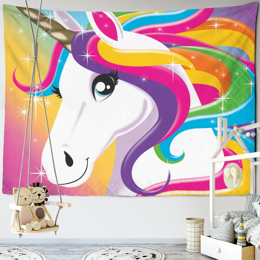 Renkli Karikatür Unicorn Goblen Duvar Askısı Kawaii Hippie Tapiz Kız Yurdu Estetik Odası Ev Dekoru