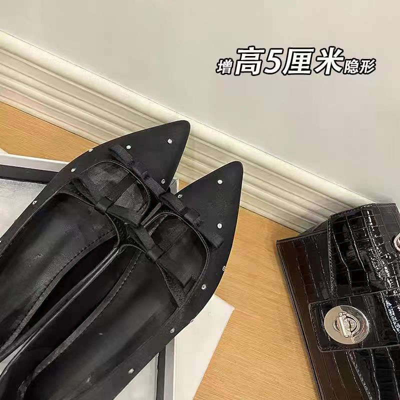 2025 Spring New French Small Inner Height Increase Single Shoes Women's Pointed Head Satin Bow Ballet Shoes Mary Jane Shoes