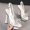 Rhinestone Fishmouth Shoes Nightclub Thick Heel High Heels 14CM Car Model Sandals Female Catwalk Steel Tube Women's Sandals