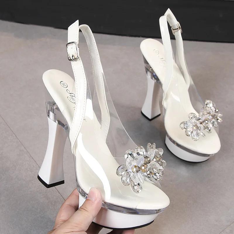 Rhinestone Fishmouth Shoes Nightclub Thick Heel High Heels 14CM Car Model Sandals Female Catwalk Steel Tube Women's Sandals