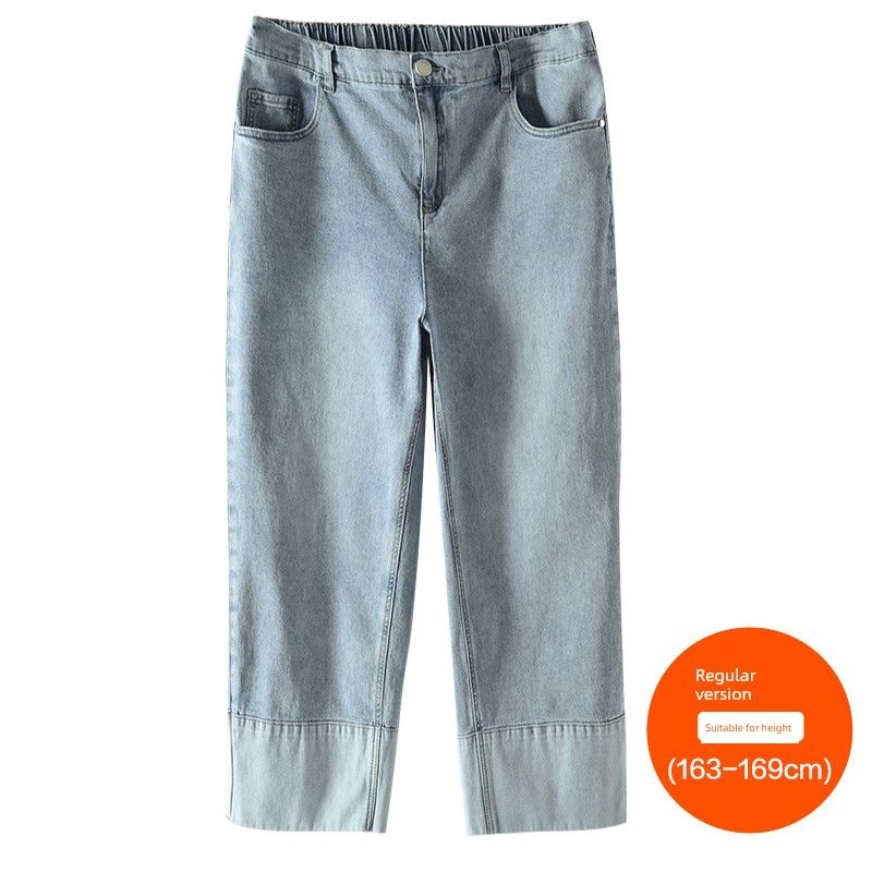 

Plus size women clothing [Three Pants Length Options] Summer Chubby Girl High Waist Cover 100.00kg Patchwork Eight Points Denim Pants Light blue (163-169cm) 46