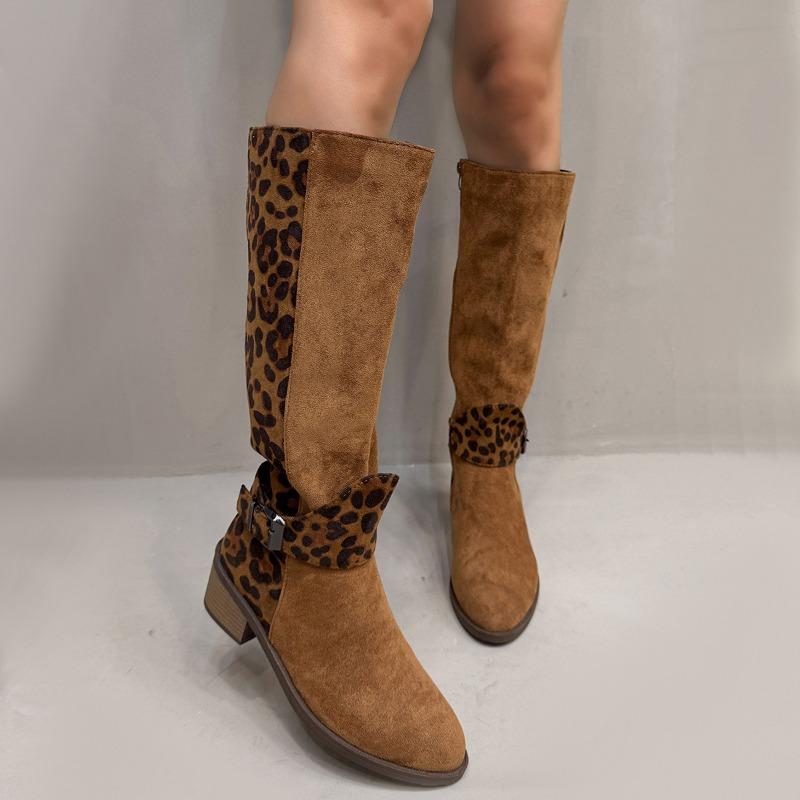 Autumn and Winter Leopard Pattern Belt Buckle High-tube Boots Side Zipper Thick-heeled Mid-heeled Knight Boots Women