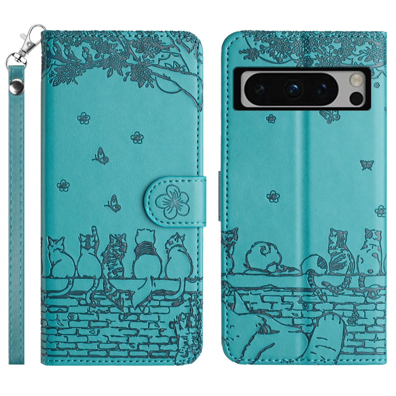 

For Google Pixel 8 Pro Case Wall Cats Imprinted PU Leather Wallet Phone Cover with Strap Blue
