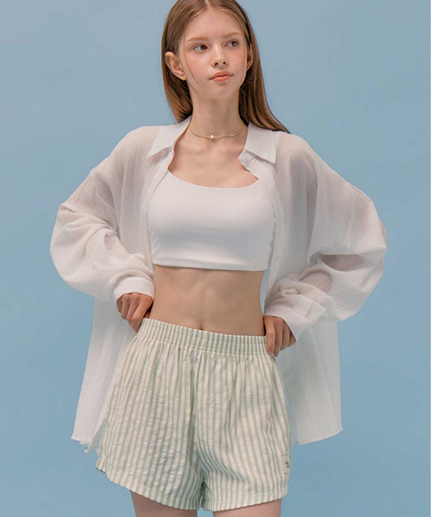 VIKINI VENDER Seersucker Summer Striped Elastic Shorts - Yellow Green