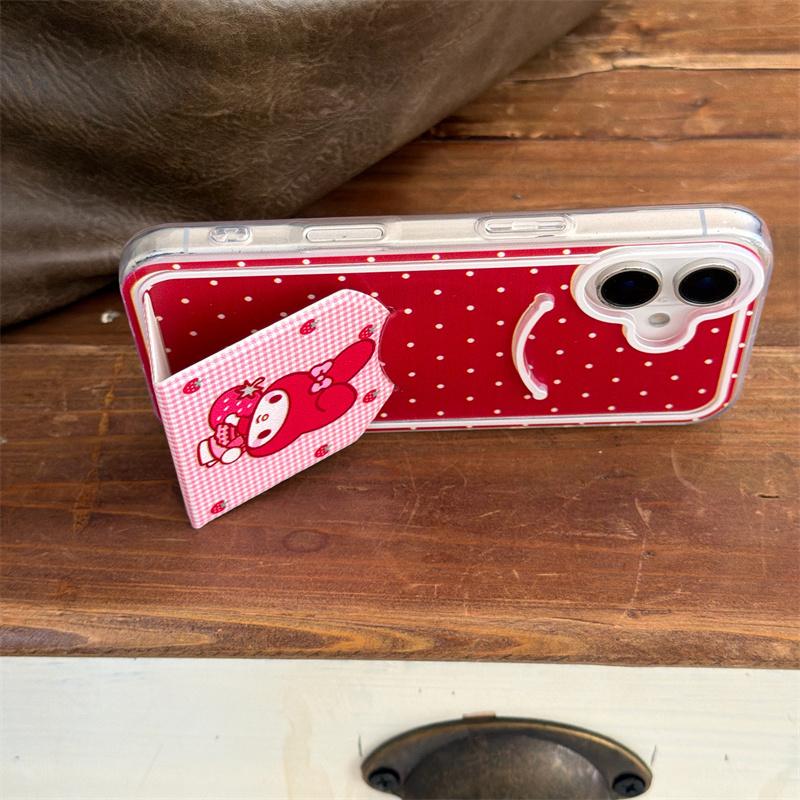 Aesthetic Red Strawberry My Melody Phone Case For iPhone 17 16 15 14 Pro Max Cute Polka Dot Gingham Stand Protective Cover for W
