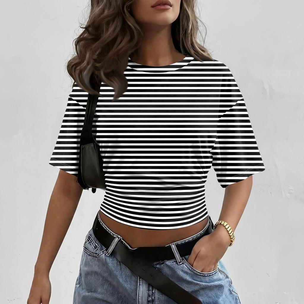 Women’s Crewneck Pullover Short Sleeve T-Shirt with Striped Print Loose Fit Casual Basic Top for Daily Wear