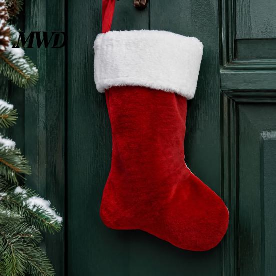 Classic Style Xmas Mantle Decor 18 Inch Christmas Stocking, Large Fireplace Hanging Plush Stocking Festive Party Scene Layout Props with White