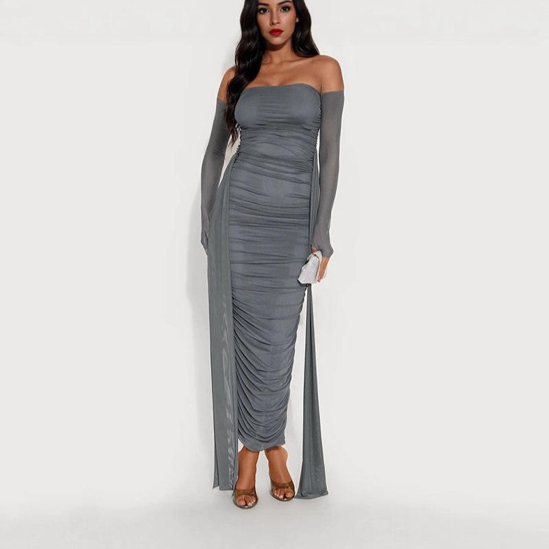 J25DS416 Elegantes einärmeliges plissiertes Netz-Langarmkleid für Damen