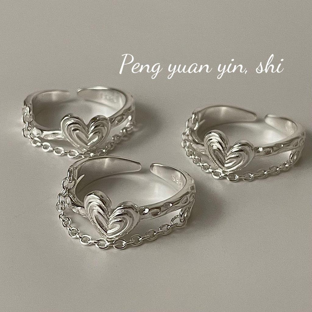 Su Chuang S925 Sterling Silver Double Heart Chain Ring, Women's Luxurious, Adjustable Open Design, Versatile Everyday Piece