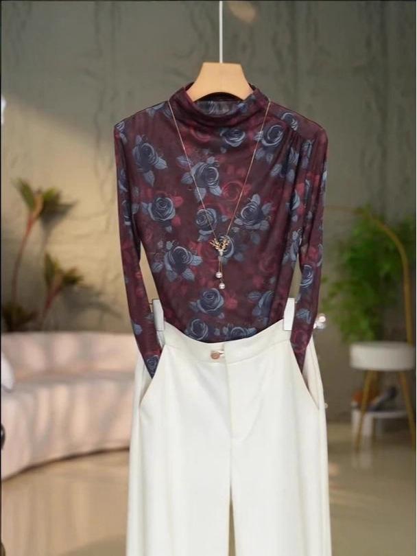 Women's Autumn/Winter High Collar Long Sleeve Printed Shirt - Casual Style