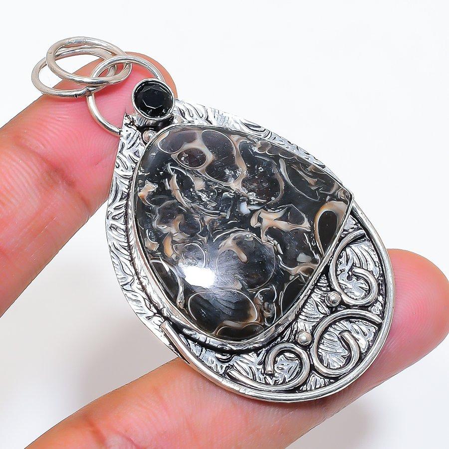 Natural Turritella Fossil, Spinel 925 Sterling Silver Jewelry Pendant 2.48" ZS-121