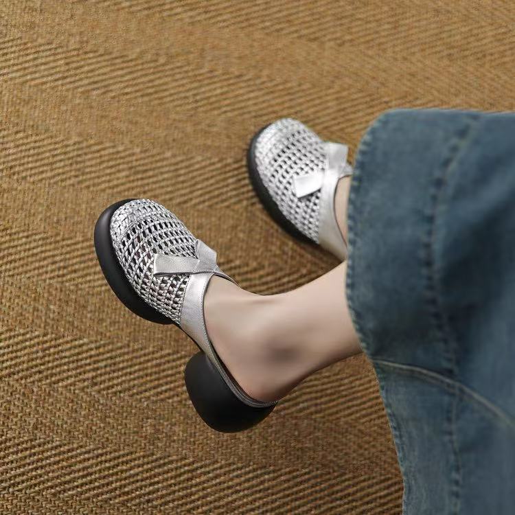 

2025 summer new woven hollow thick-soled bag head rear empty slippers wear high-heeled muller shoes fashion shoes women s slippers 40 серебряный