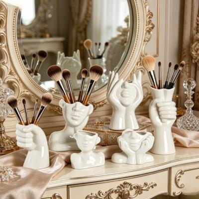 Ceramic Makeup Brush Holder Nordic Human Face Art Desktop Decoration Vase Compatible with Makeup Eyebrow Pencils Home Organizer