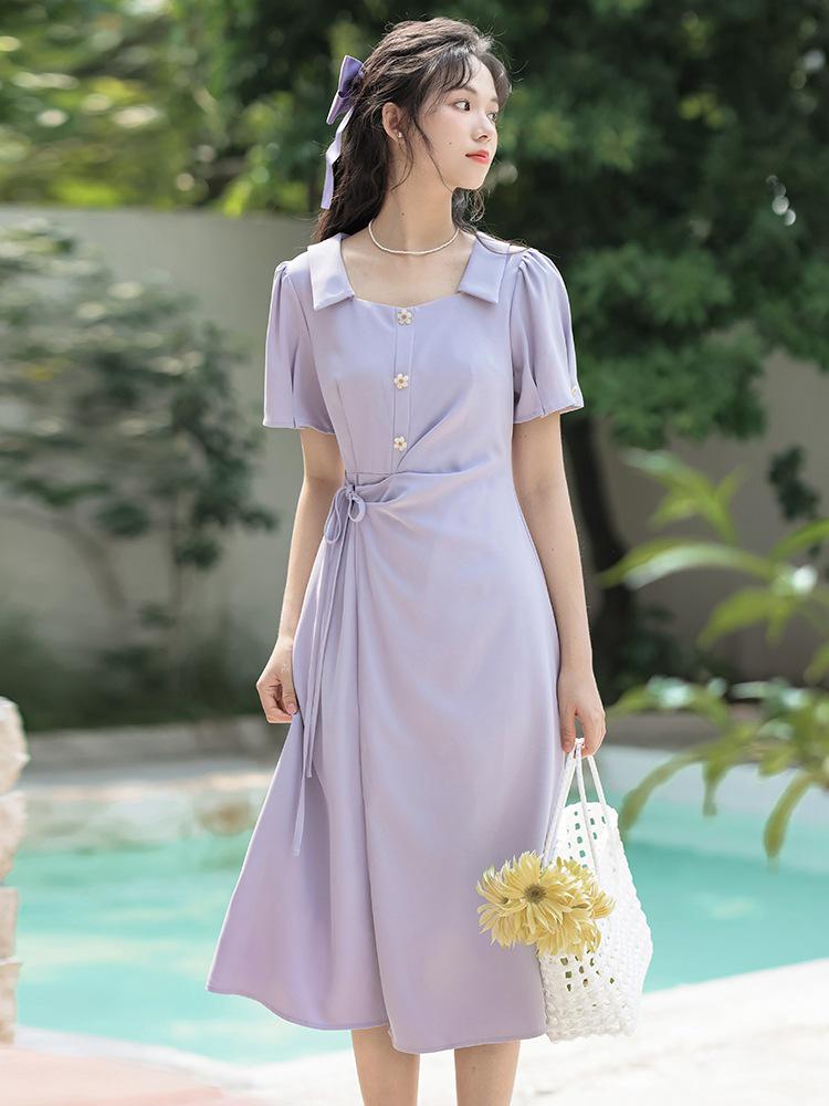 French Style Women's Summer Slimming Square Neck Long Dress