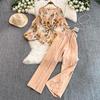 Mature Style Two-Piece Women's Suit: Loose Floral Pleated Shirt & High Waist Wide Leg Trousers