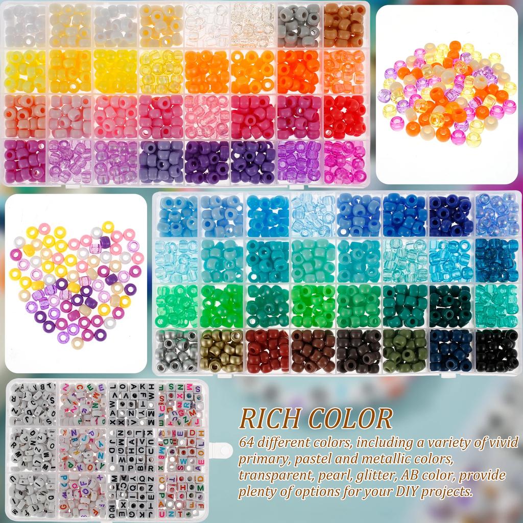 1977Pcs Pony Beads Kit for Bracelet Making 64 Colors 9mm Kandi Beads Set Plastic Pony Beads Bulk with 375pcs Letter Beads