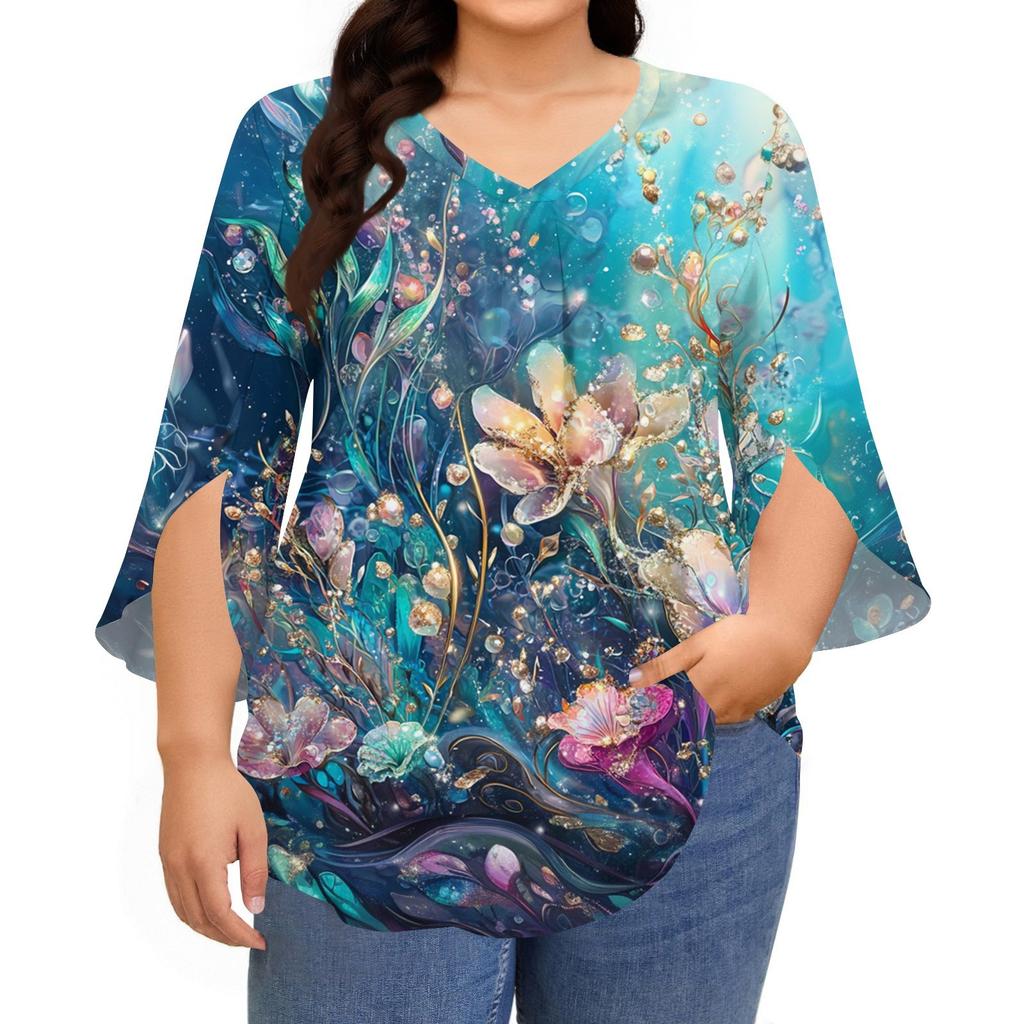 Women's Printing V-neck Plus Size Tops 3/4 Sleeves Elegant Shirt Tops