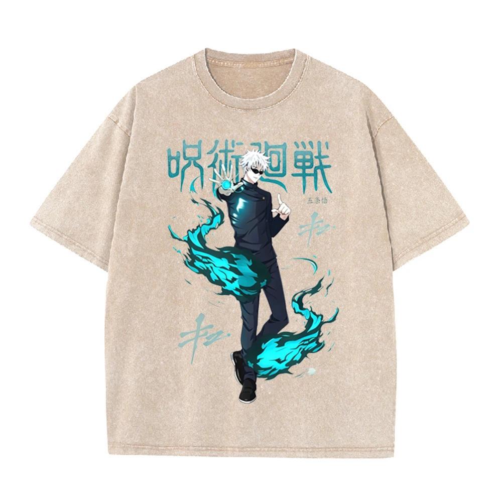 2026 Anime Graphic Washed T Shirt Unisex Oversized Cotton Short Sleeve Tee Harajuku Streetwear Manga Fan Casual Daily Tops