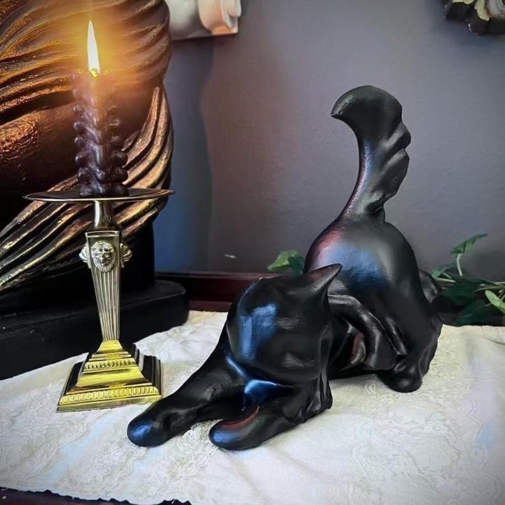 Cute Halloween Black Cat Statue Glow In The Dark Handmade Stretching Cat Figurine White Unique Cat Resin Sculpture Shelf Display
