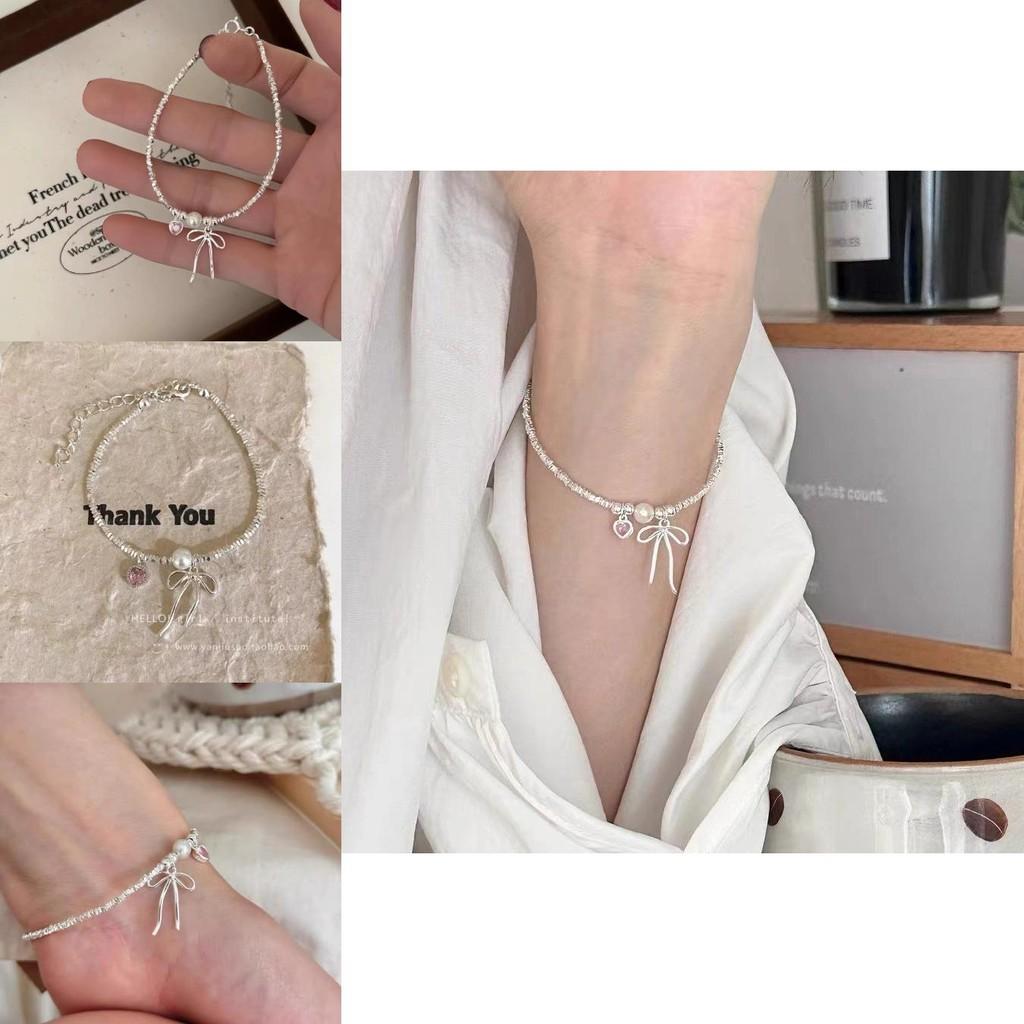 Chic Silver Bow Bracelet With Pink Heart Pendant Fresh And Graceful Summer Womens Jewelry