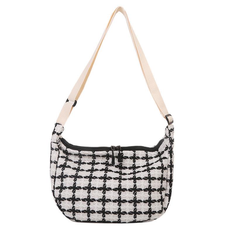 Stylish Urban Chic Plaid Pattern Woolen Crossbody Bag For Women In Black Or White