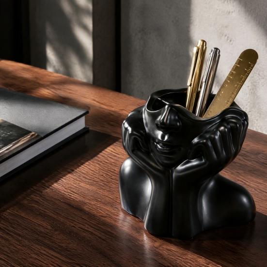 Artistic Desktop Storage Abstract Face Vase, Female Pen Holder, Makeup Brush Modern Vinyl Cup Decorative Vase Centerpiece for Living Room Table Shelf