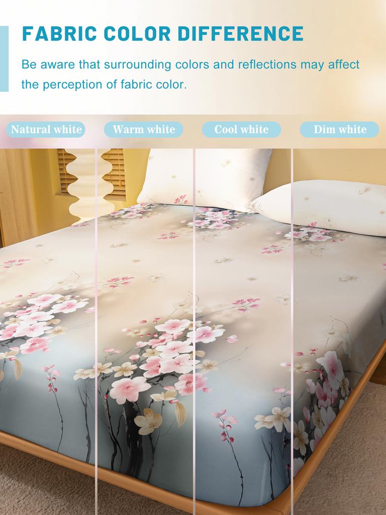 1 Simple Modern Plant Flower Printed Matte Fitted Sheet, Bedroom Printed Bed Cover, Bedding (Excluding Pillowcases)
