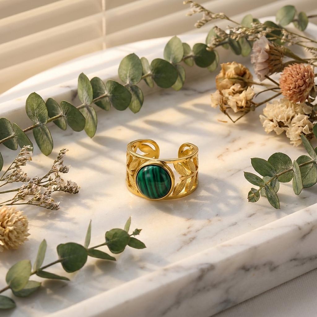 Green Natural Stone Stainless Steel Gold Plated Rings for Women Men Hollow Geometry Female Rings Charms Waterproof Jewelry