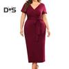 Women Dress V Neck Plus Size Short Sleeve Belted Tight Waist Solid Color Sheath Slim Fit Mid Calf Length Soft Evening Dress Formal Midi Dress