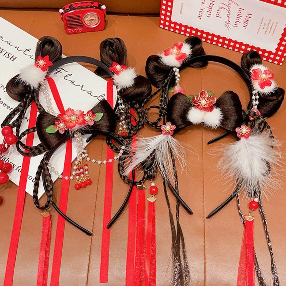 Flower Chinese New Year Headwear Braid Hair Hanfu Hair Sticks Children Wig Headband  Girls