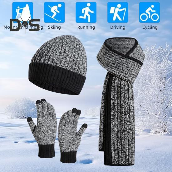3 Pcs/Set Unisex Winter Beanie Scarf Gloves Set Thick Knitted Warm Cap Touchscreen Gloves Elastic Ear Protection Windproof Winter Outdoor Cycling