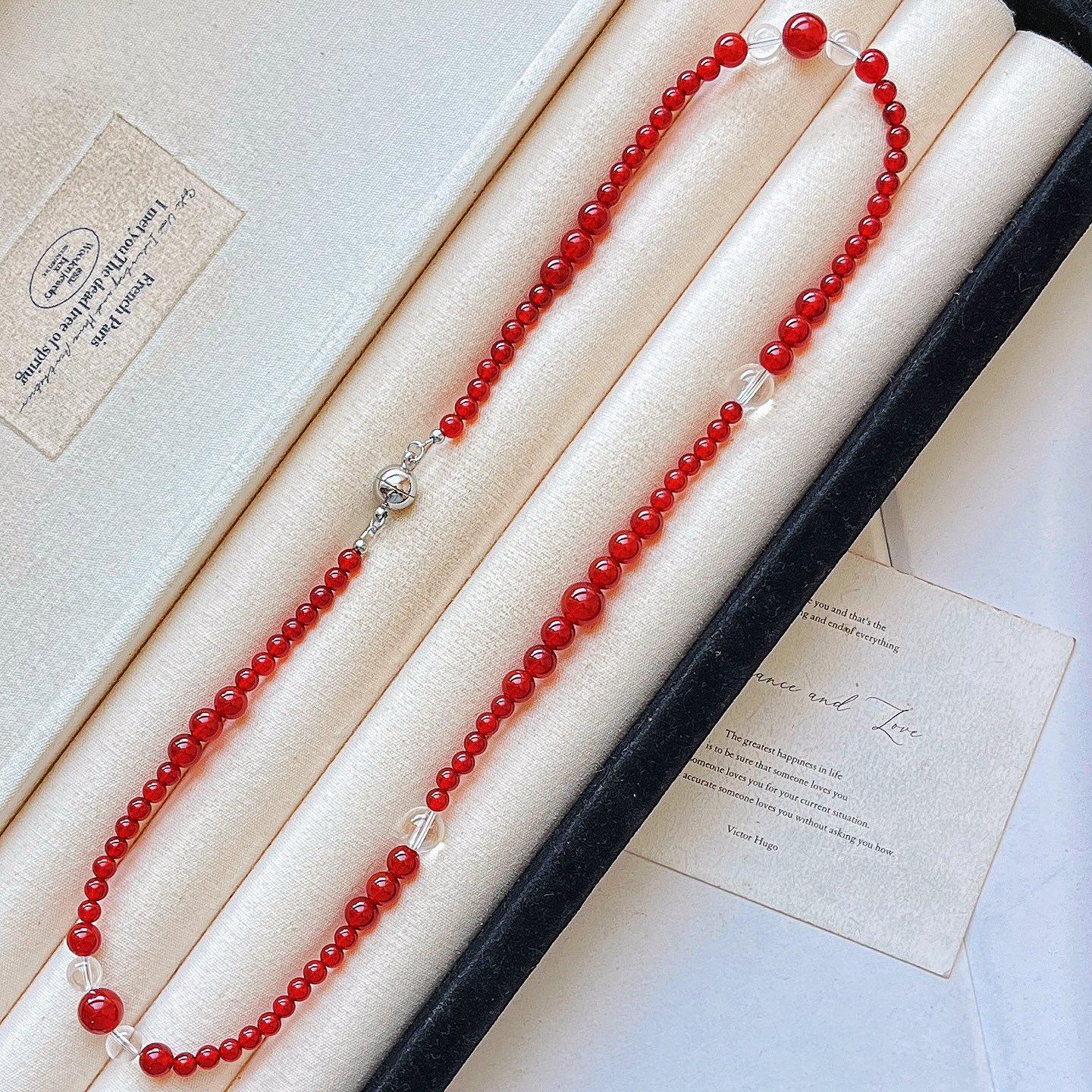 Retro National Style Natural Pink Crystal Contrasting Color Blue Quartzite Jade Natural White Crystal Necklace Neck Chain Lock