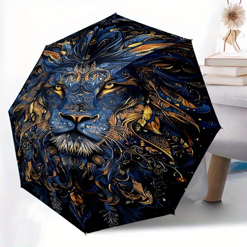 1pc Blue and Gold Ornate Lion Portrait Automatic Opening and Closing Umbrella - Suitable for Various Occasions, Outdoor Activities, Lightweight and Du