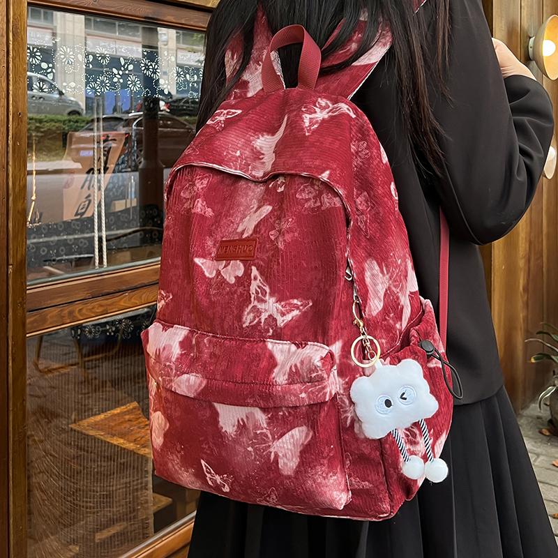 Women's Butterfly Printed Backpack Corduroy Student School Bag Large Capacity Class Backpack