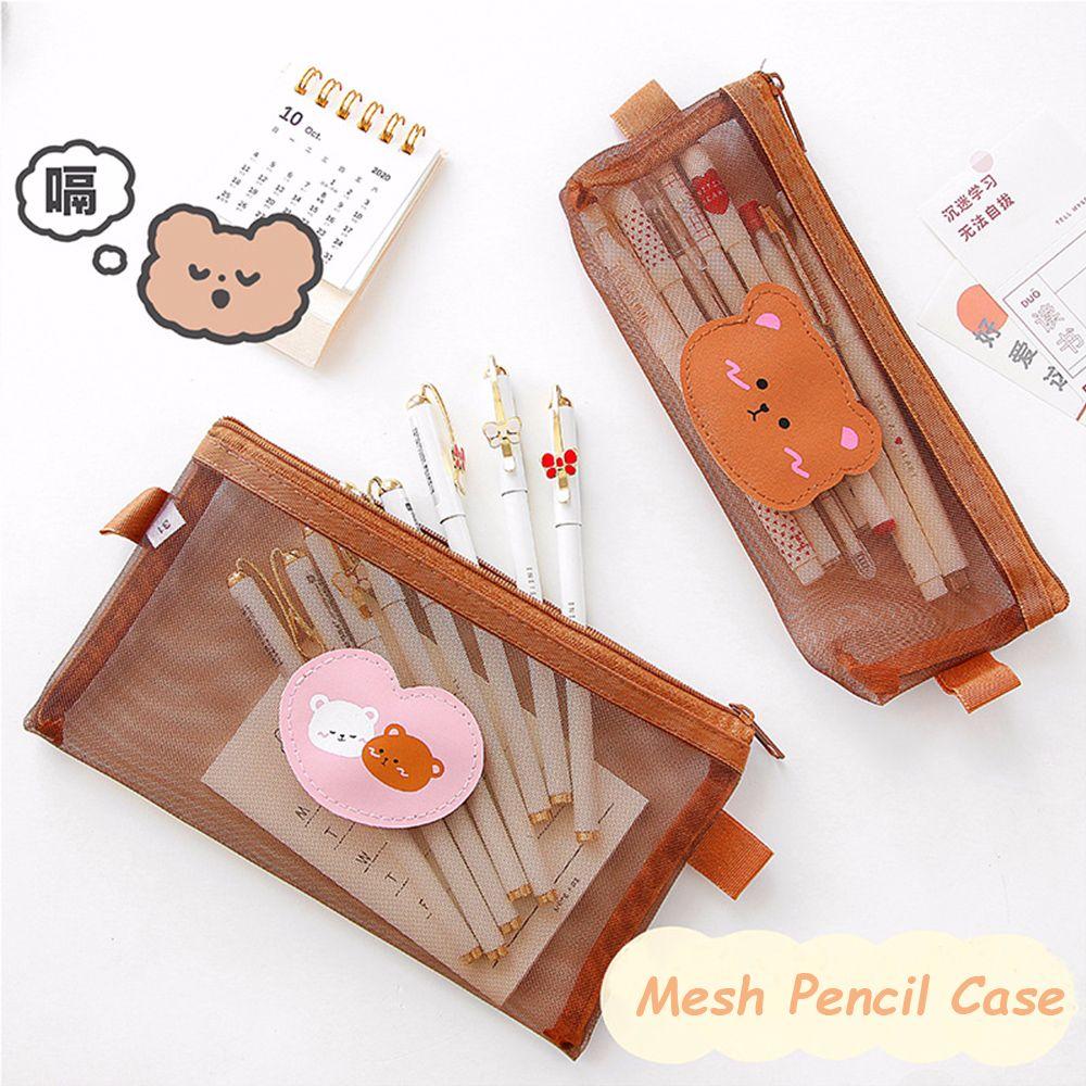 School Supplies Large Capacity Storage Bags Bear Pencil Bags Mesh Pencil Case Kawaii Pencil Bag