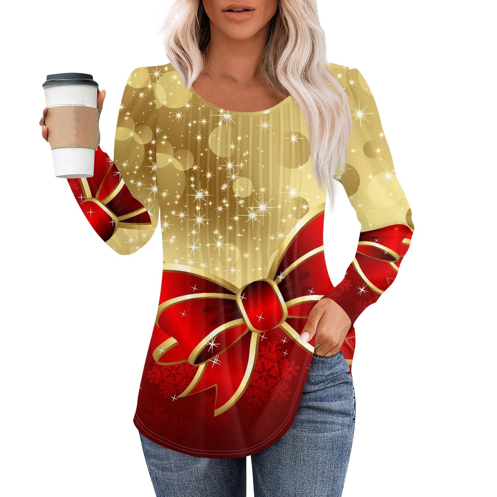 

Women s Fashion Casual Pleated Round Neck Christmas Printed Long Sleeve T-Shirt Top S золотий