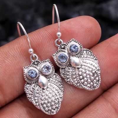 Boucle d'oreille Topaze Bleue Argent, Bijou Animal, Bijou Fait Main en Argent Sterling 925, Boucle d'oreille Hibou, Bijou Charme Argent, Boucle d'oreille Femme