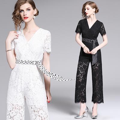 Women Jumpsuit Lace High Waist Long Sleeve V Neck Wide Leg Romper