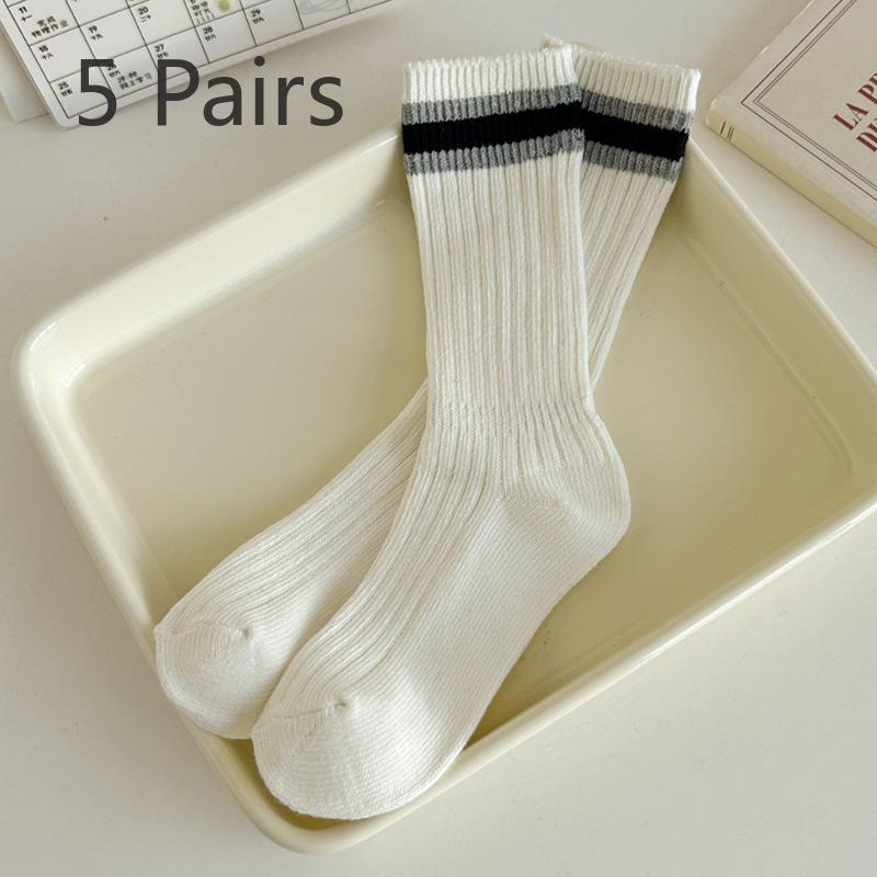 5 Pairs of Female Autumn and Winter Two Bar Striped Mid Tube Socks