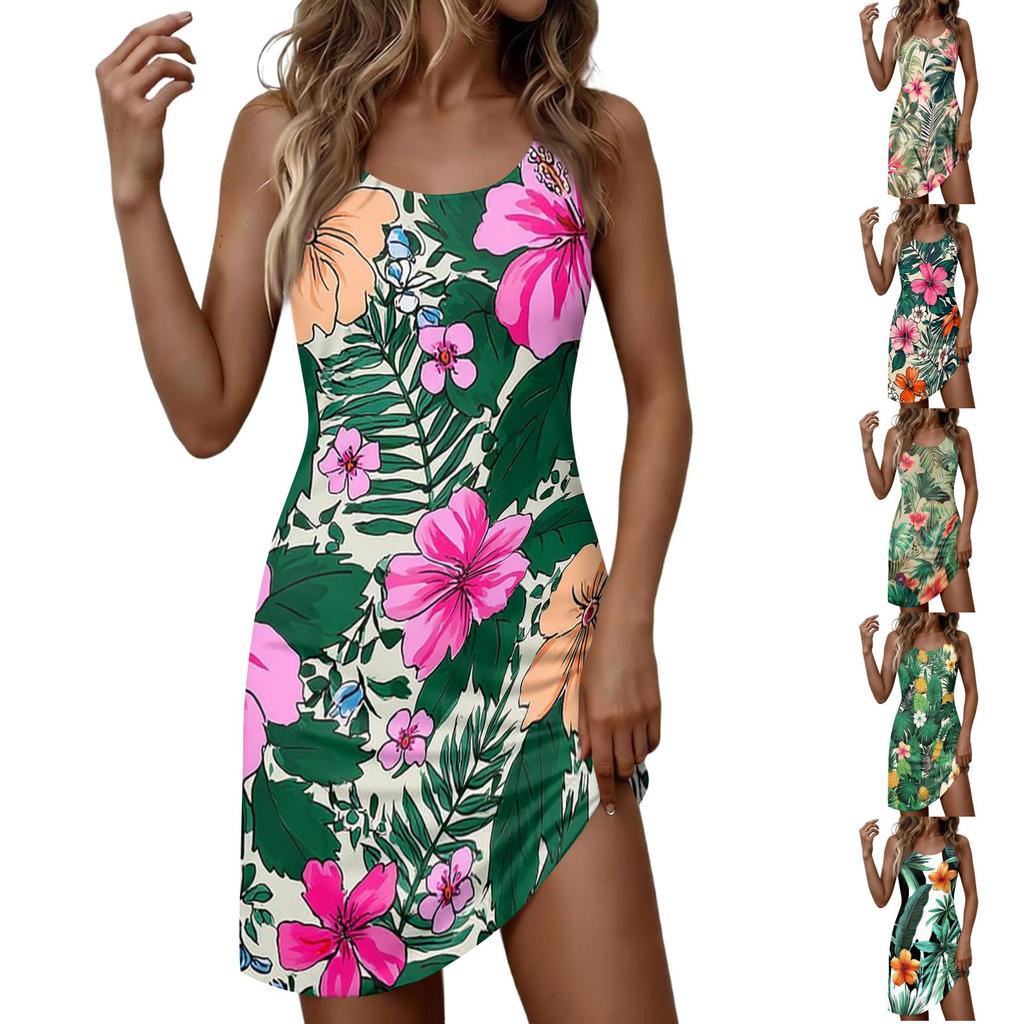 Women's fashionable casual floral print round neck sleeveless dress