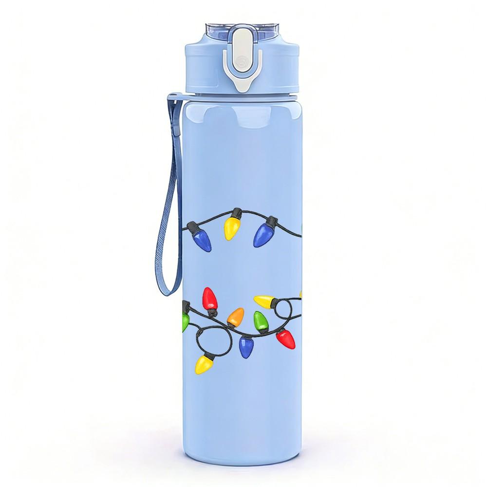 1PC Christmas Light String Colorful Print 750ml Color Plastic Sports Water Bottle Leakproof Flip Straw Lid Suitable for Sports Office Home Use