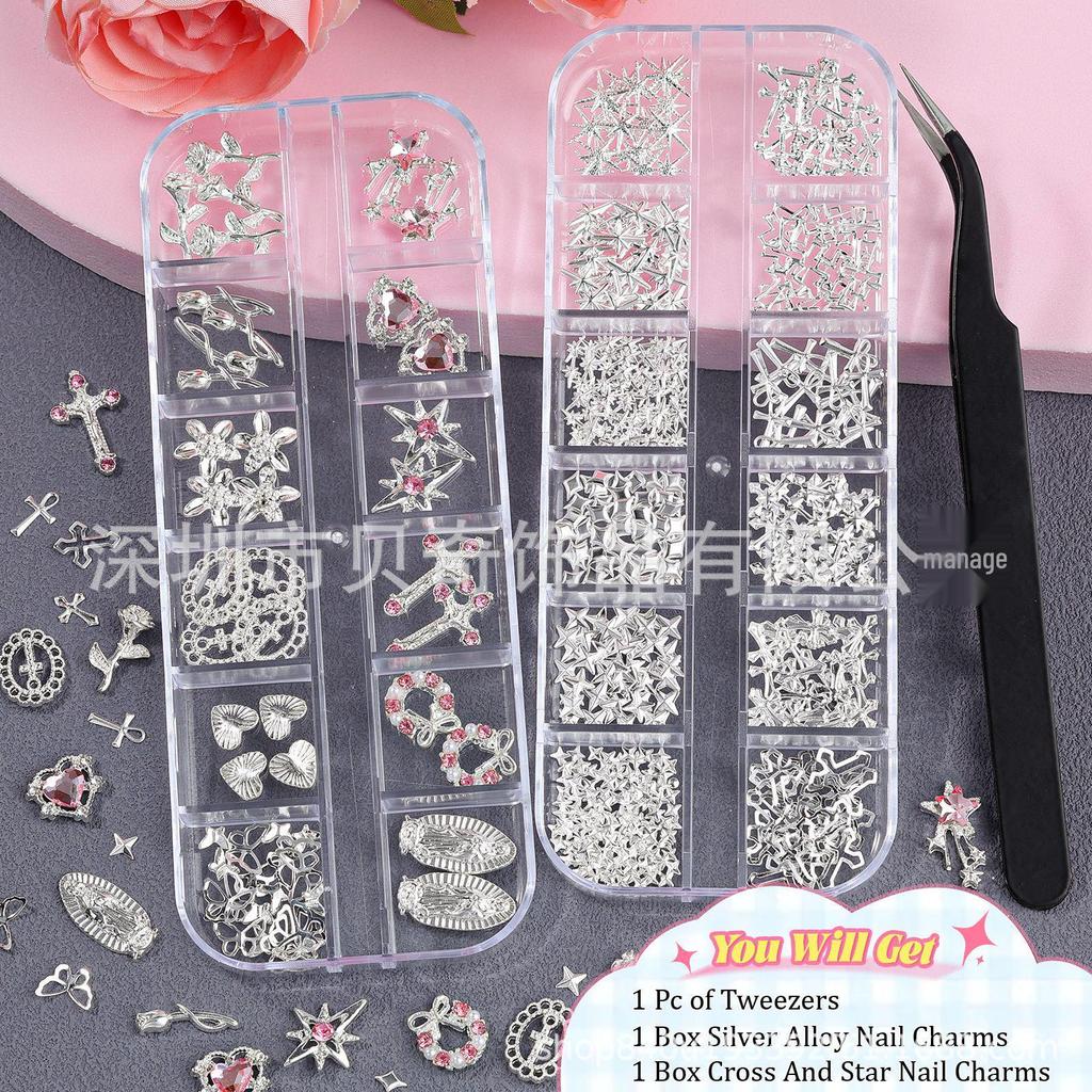 Gold & Silver Rhinestone Cross Metal Flower Nail Art Accessories