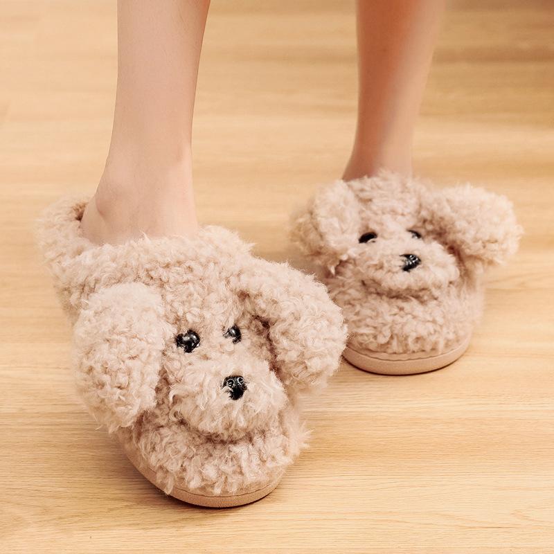Comwarm Cute Dog Short Plush Slippers For Women 2026 Winter Warm Furry Cotton Shoes Couples Home Indoor Bedroom Cozy Slippers