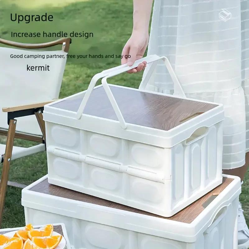 Outdoor Camping Storage Box 15L Thickened Foldable Storage Box Car Mounted Wooden Cover Portable Household Storage Box