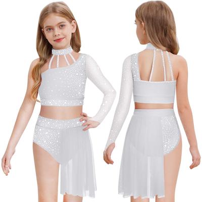 Completo Danza Lirica Contemporanea per Ragazze Monospalla Rete Trasparente Manica Lunga Crop Top Lucido con Strass Gonna Asimmetrica